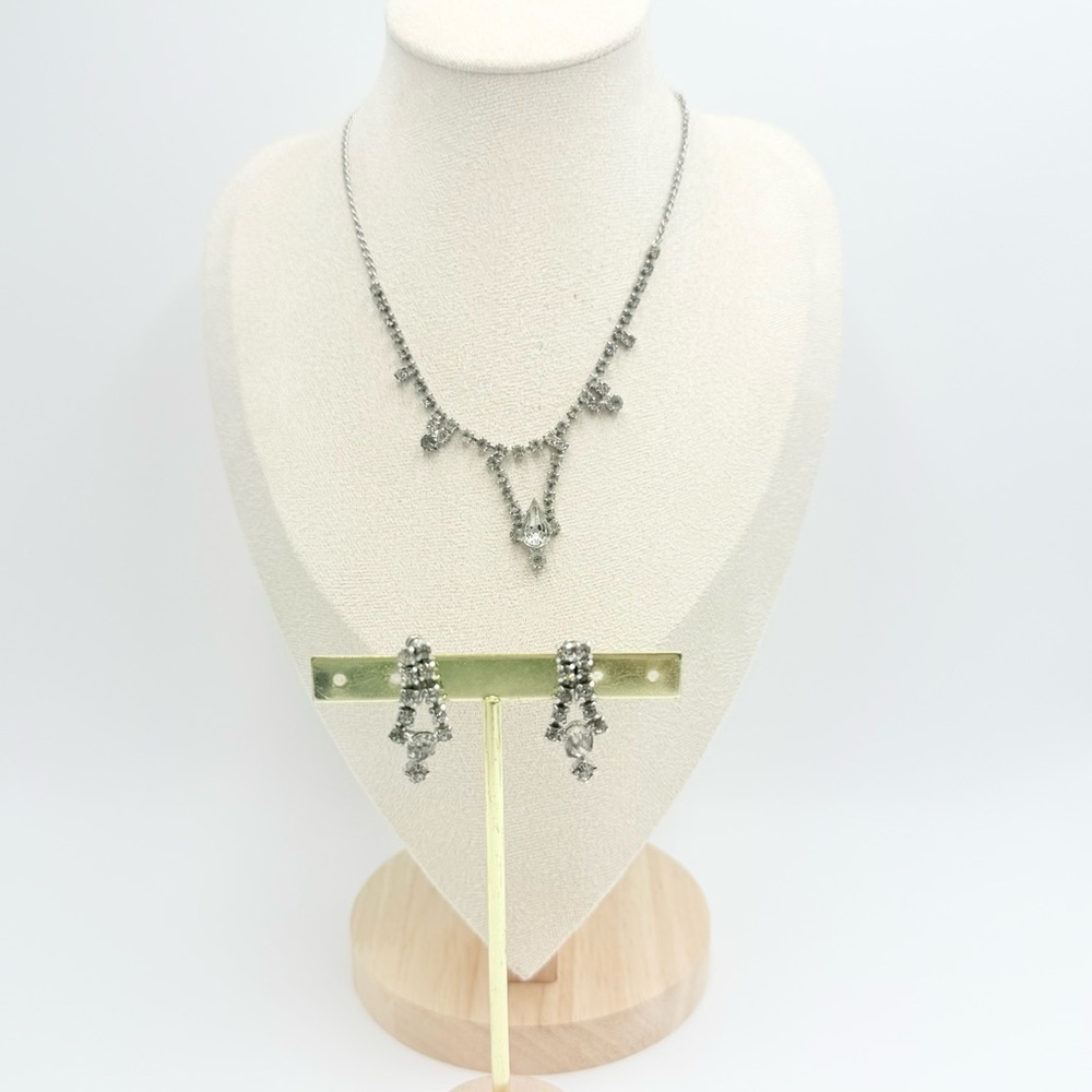 Vintage Clear Crystal Rhinestone Dainty Dangles Necklace Earrings Sets